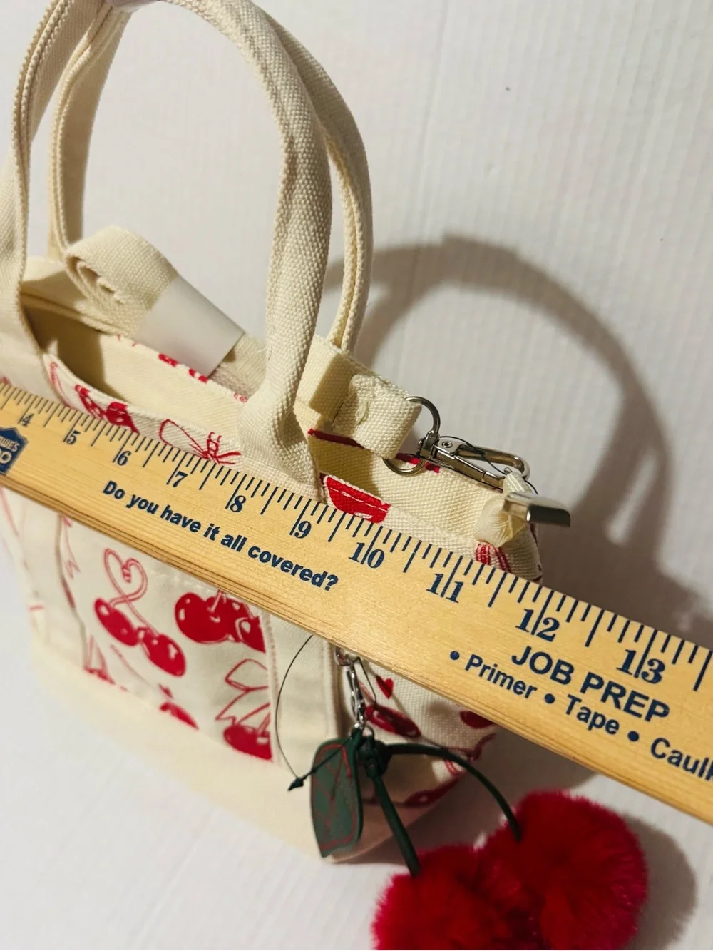 Canvas Cherry Print Tote Bag with Red Pom Pom Charm BNWT